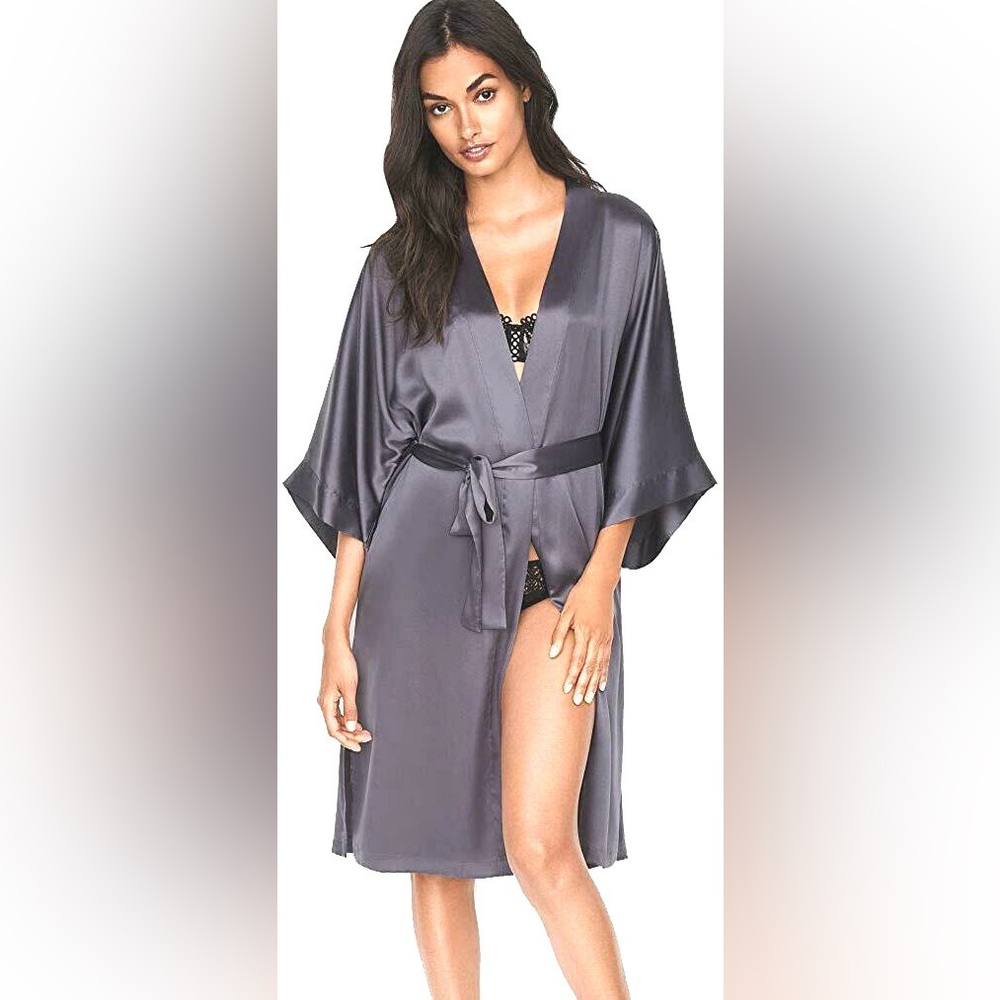 VICTORIA’S SECRET Satin Angel Charcoal Gray‎ Midi Robe Size M/L
